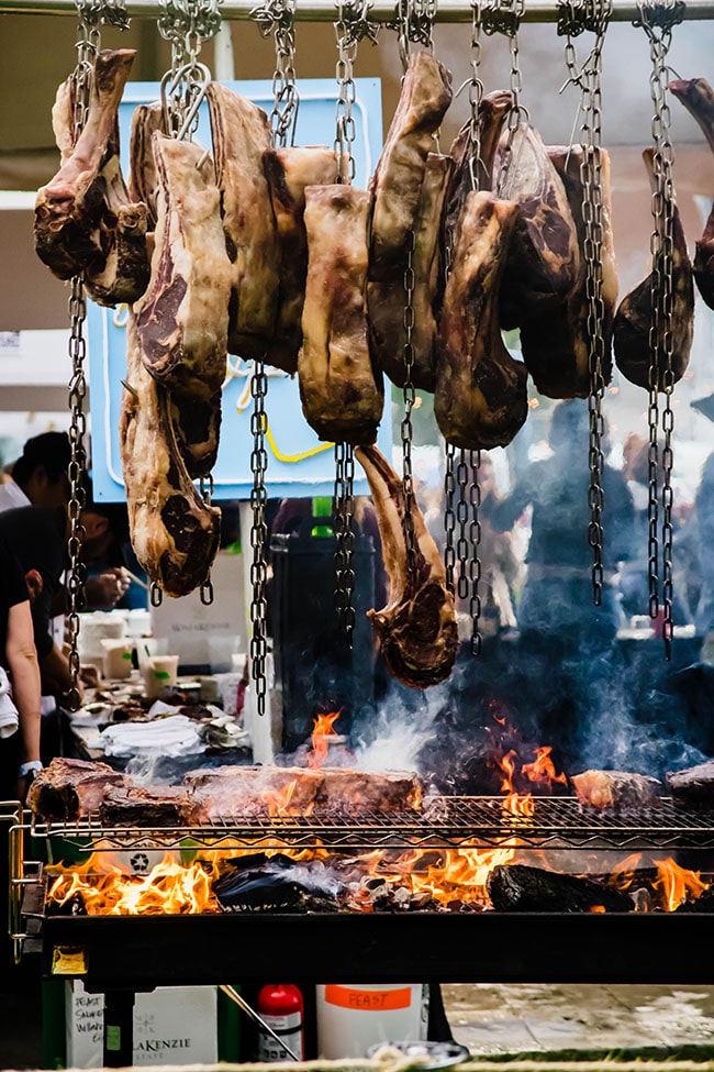 Large pieces of meat hanging over a fiery grill.