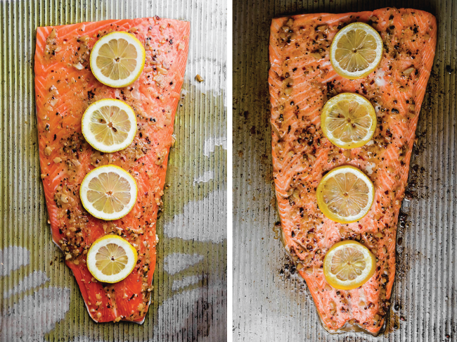 Steelhead fillet topped with four lemon slices on a baking sheet.