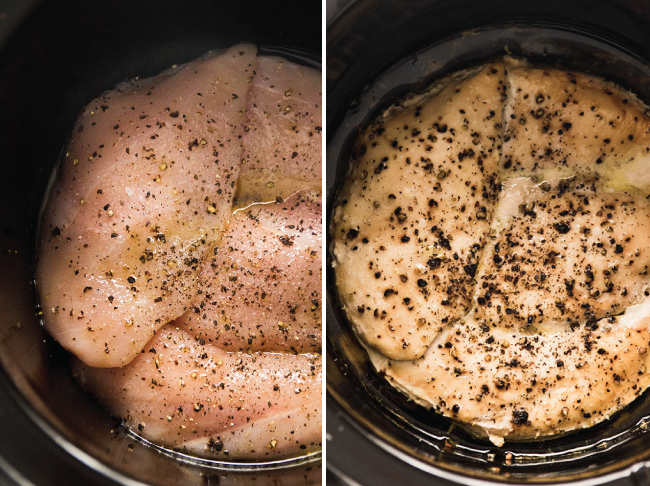 Chicken breasts, salt, and pepper in a black slow cooker.
