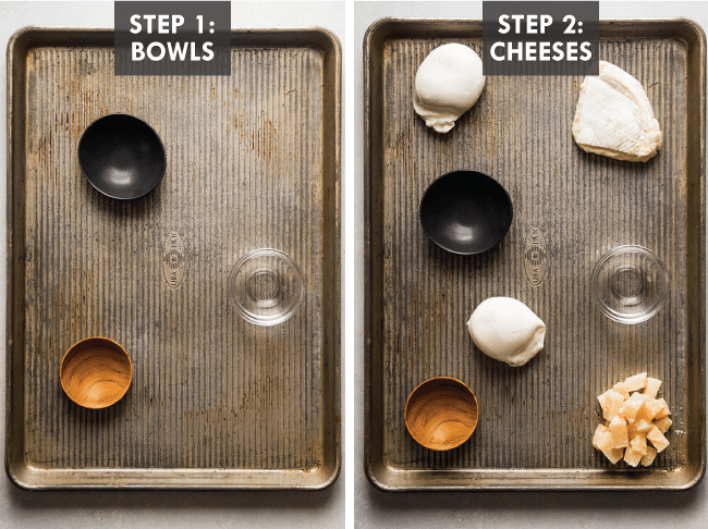 Adding small bowls and cheeses to the serving platter. White text says \"Step 1: Bowls, Step 2: Cheeses.\"