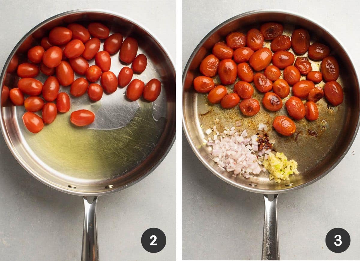 Cooking tomatoes, garlic, and shallot in a large skillet.