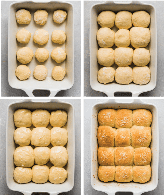 Salted dinner rolls before and after baking.