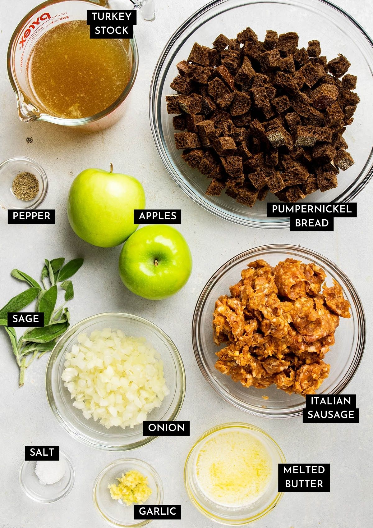 Stuffing ingredients, prepped and measured into individual bowls.