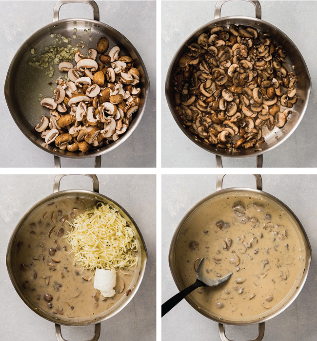 Black spoon stirring mushrooms and cheeses into a creamy sauce.