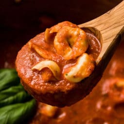 Wooden spoon lifting tortellini tomato soup out of a pot.