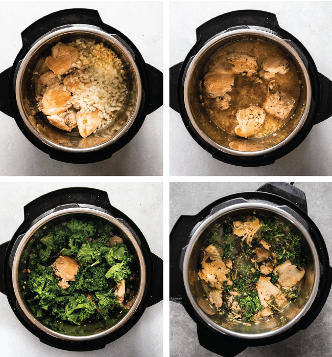 Chicken thighs and fresh kale being cooked in the bowl of an Instant Pot.