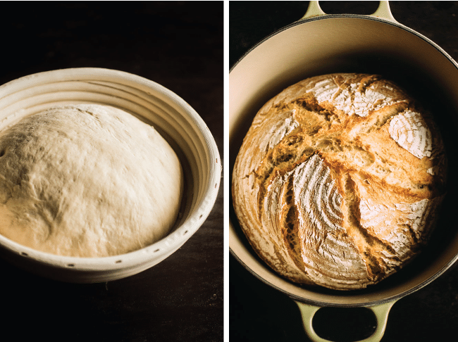 Bread dough in a proofing basket next to a loaf of bread in a dutch oven.