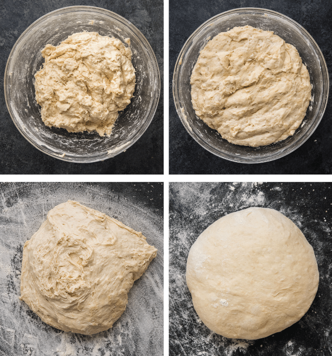 Letting bread dough rise in a glass mixing bowl before shaping on a floured cutting board.