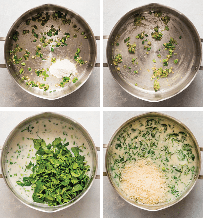 Fresh spinach and shredded parmesan being stirred into a creamy sauce.