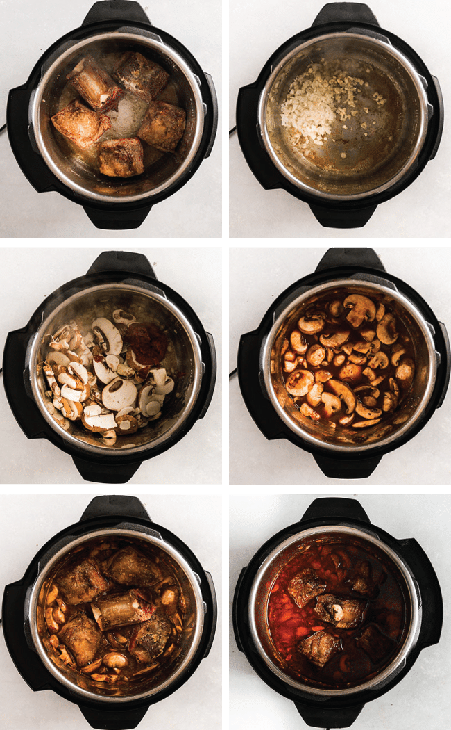 Mushrooms, red wine, and short ribs being cooked in the bowl of an Instant Pot.