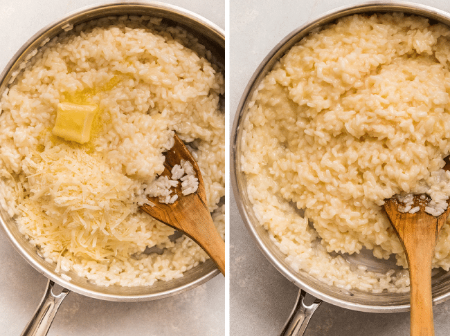 Butter and parmesan cheese being stirred into a pan of risotto.