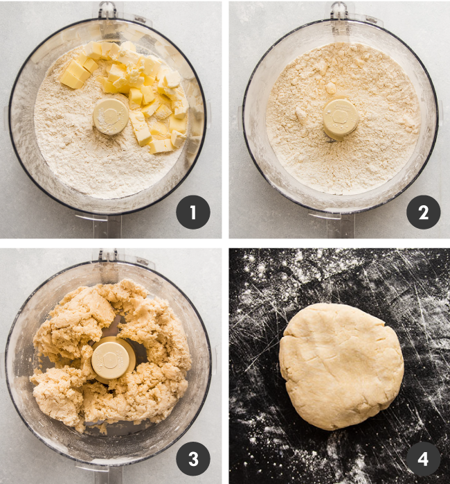 Flour and butter being blended into pie crust with a food processor.