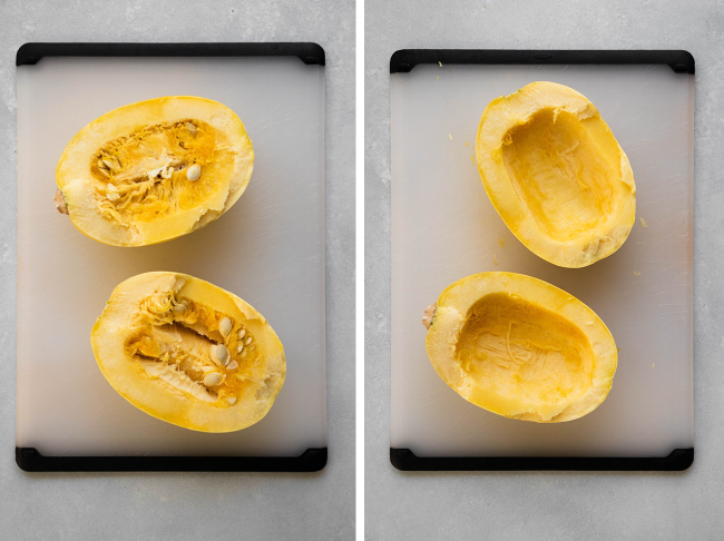 A spaghetti squash, cut in half with its seeds scooped out.
