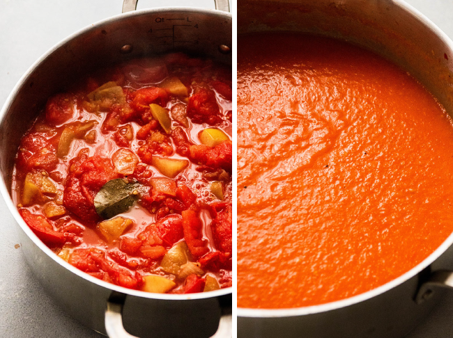 Bright red tomato soup in a large saucepan before and after being smoothly blended.