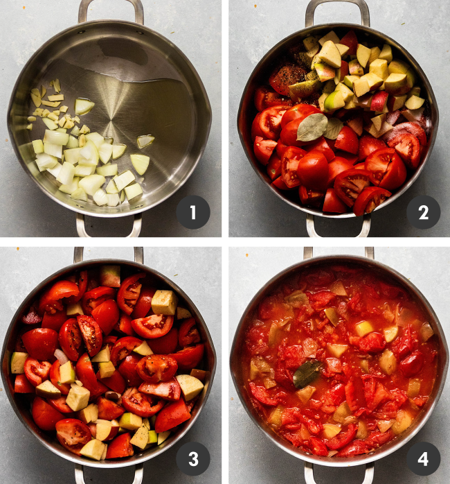 Apple tomato soup at various stages of cooking.