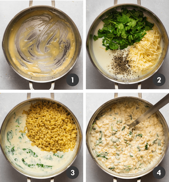 Spinach cheese sauce being mixed in silver saucepan.