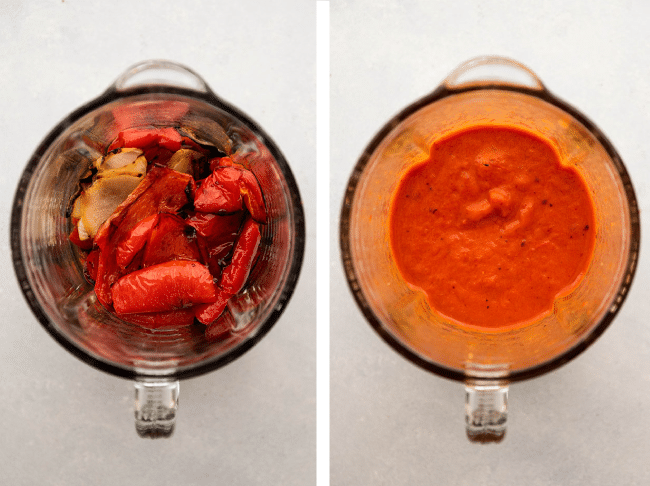 Roasted red peppers, onions, and vegetable stock being puréed in a blender.