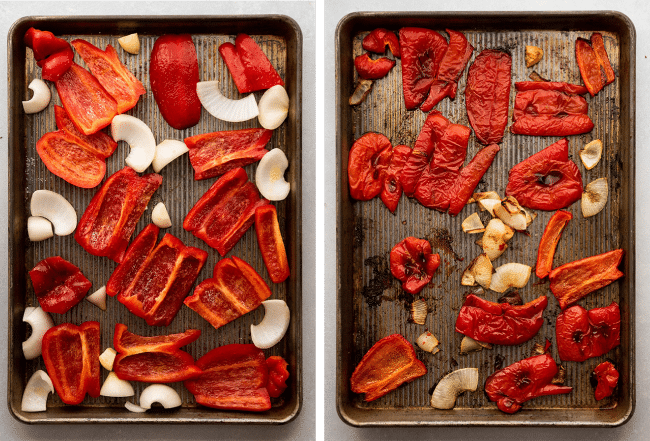 Before and after photos of red bell peppers, onion, and garlic being roasted on a sheet pan.