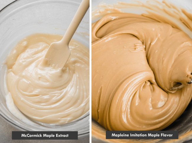 A bowl of white frosting with text overlay that says \"McCormick Maple Extract\" next to a bowl of brown frosting with text overlay that says \"Mapleine Imitation Maple Flavor.\"
