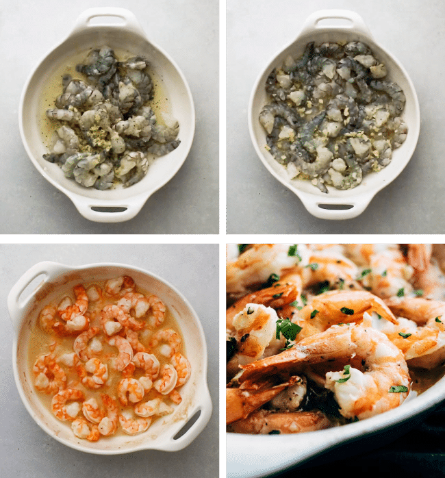 Tossing shrimp and sauce ingredients together in a white baking dish.