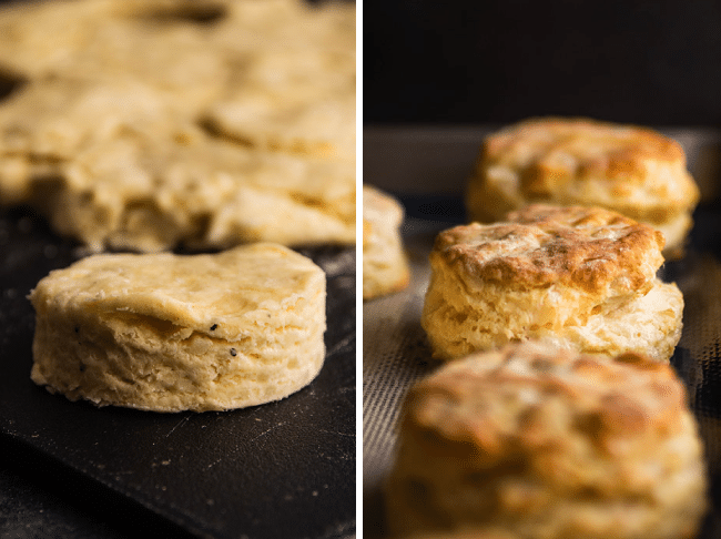 Gruyere biscuits before and after baking.
