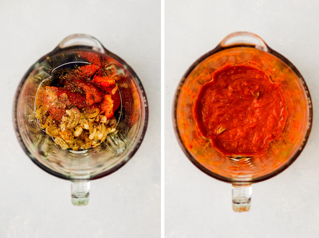 Roasted red pepper sauce in the bowl of a blender.