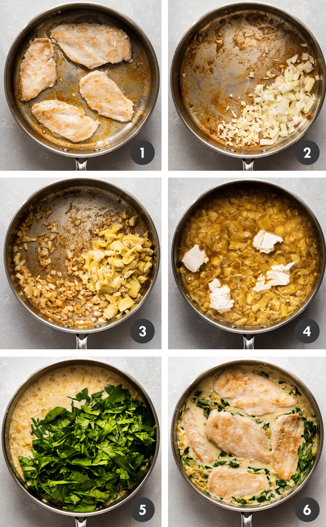Spinach artichoke chicken being made in a large saucepan.