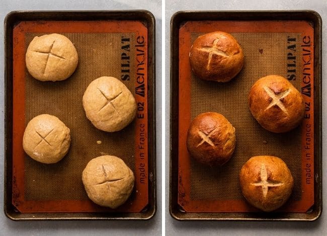 Overhead view of bread bowls on a baking sheet lined with a silpat, before and after being baked.