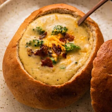 Broccoli soup in a whole wheat bread bowl.