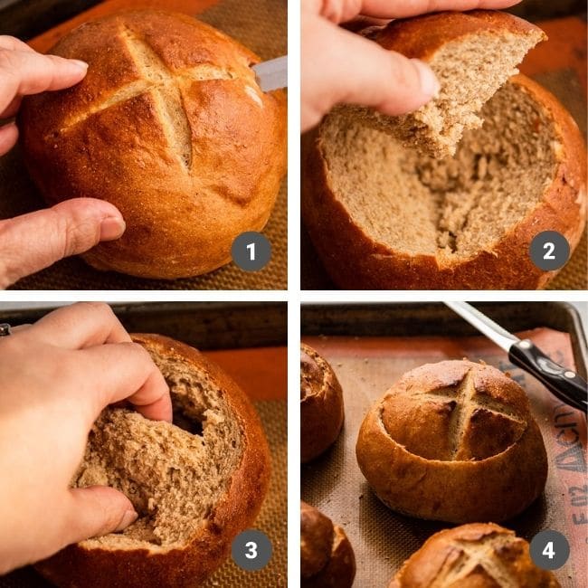 Hands using a serrated knife to cut the top off of a bread bowl.