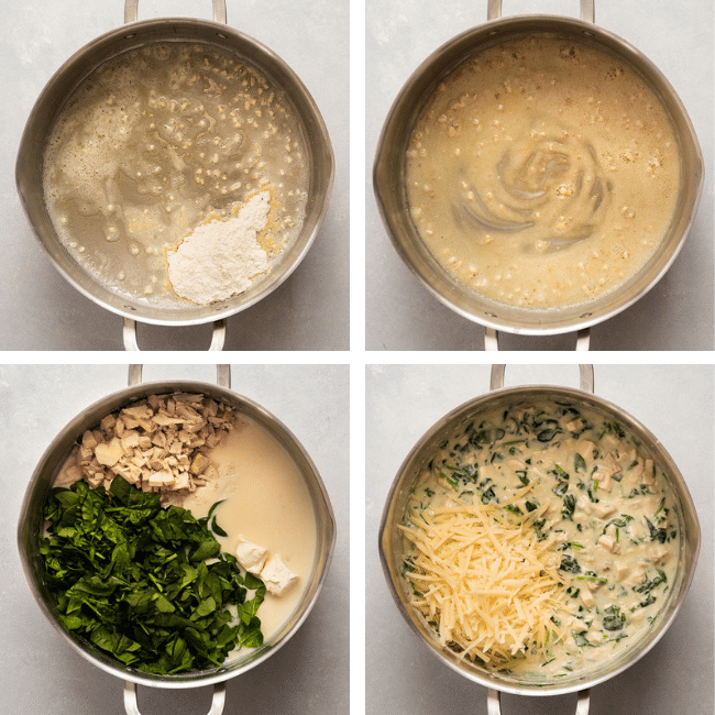 Mixing creamy parmesan sauce with chicken and spinach in a silver saucepan.