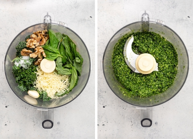 Blending kale and basil pesto ingredients in the bowl of a food processor.