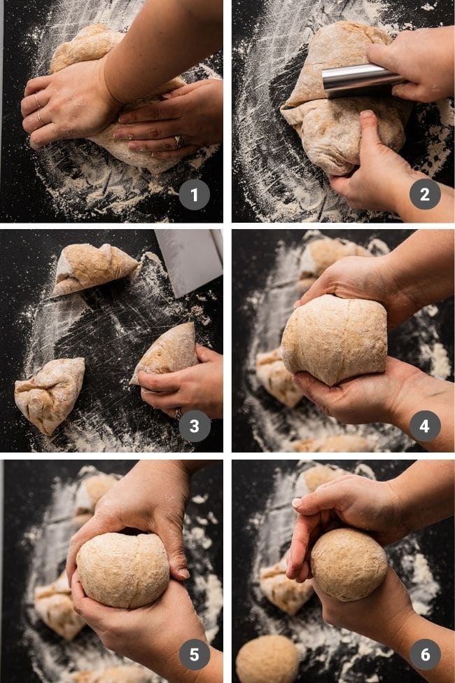 Hands shaping a piece of dough into a round ball.