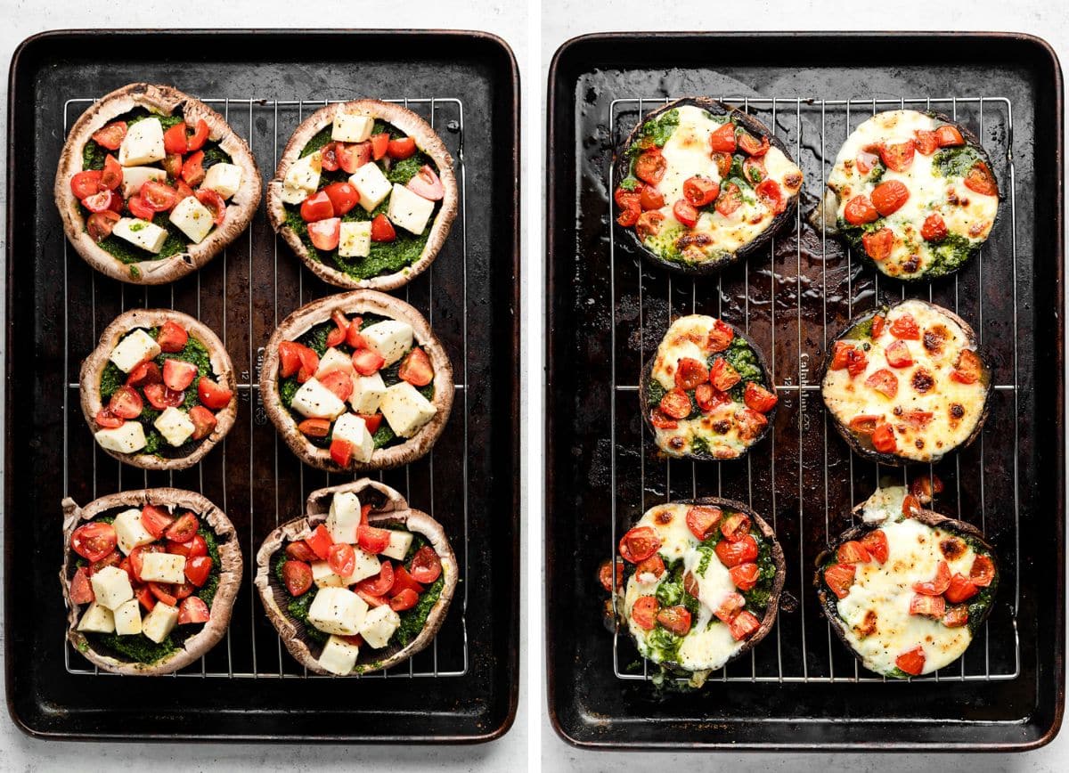 Baking mushroom pizzas.