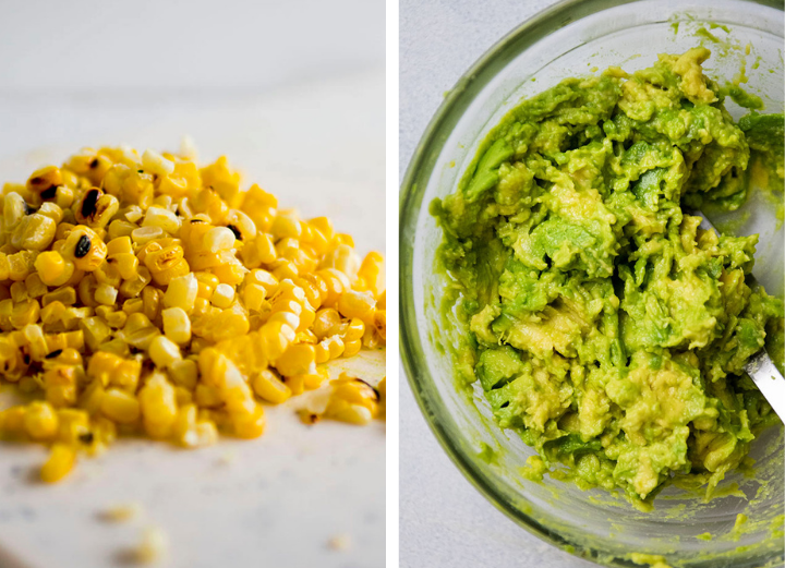 Grilled corn next to a bowl of mashed avocado.