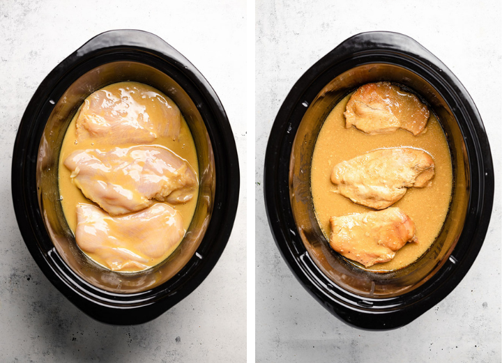 Chicken breasts and mustard sauce in the bowl of a large slow cooker.