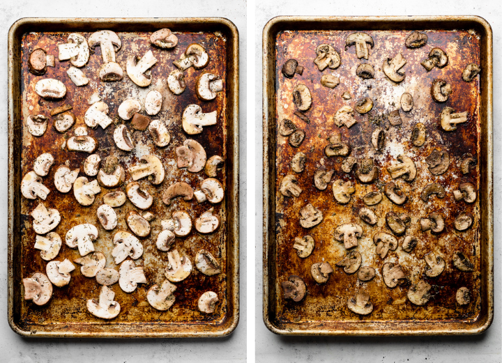 Roasting sliced mushrooms on a large sheet pan.