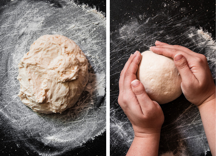 Hands shaping bread dough into a round boule.