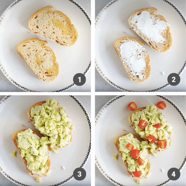 The stages of assembling breakfast bruschetta.
