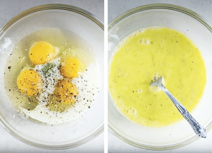 Silver fork whisking eggs, pesto, milk, and seasonings together in a glass bowl.