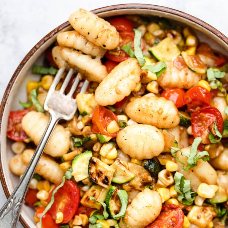 Gnocchi with tomatoes, corn, and basil.