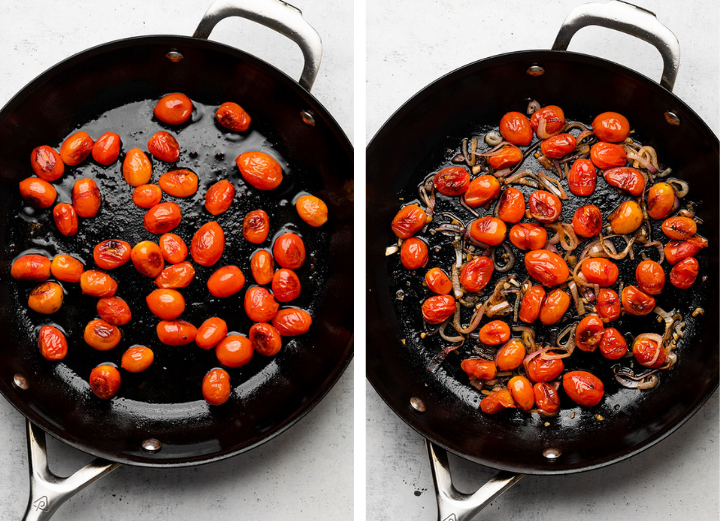 Burst tomatoes in a black skillet with caramelized shallots.