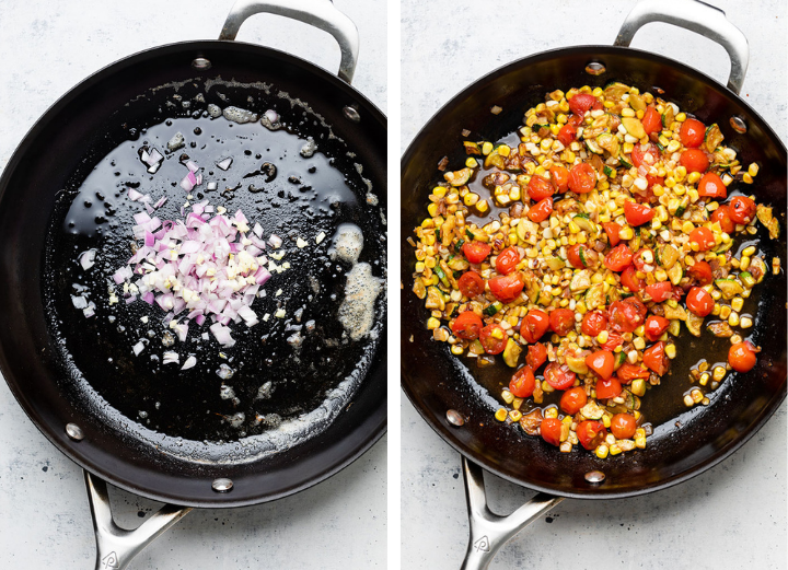 Adding tomatoes, corn, and zucchini to garlic and shallots in a large black skillet.