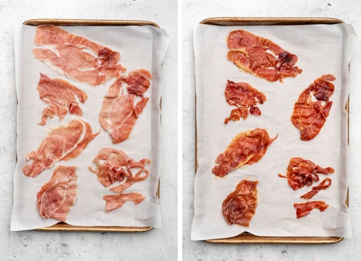 Prosciutto slices on a small baking sheet lined with parchment paper.