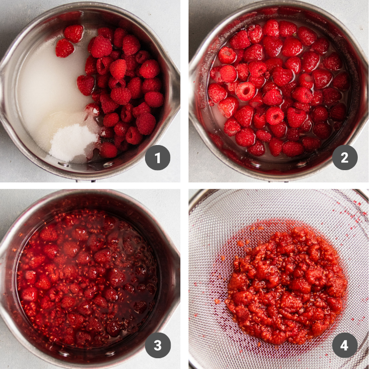Raspberries and sugar cooking into a syrup in a small silver saucepan.