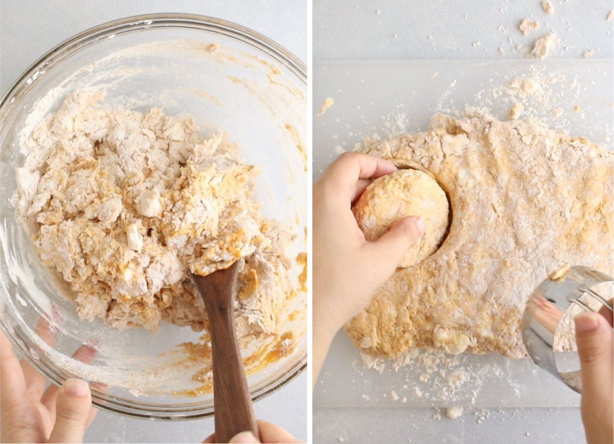 Patting biscuit dough into shape and cutting the biscuit rounds.