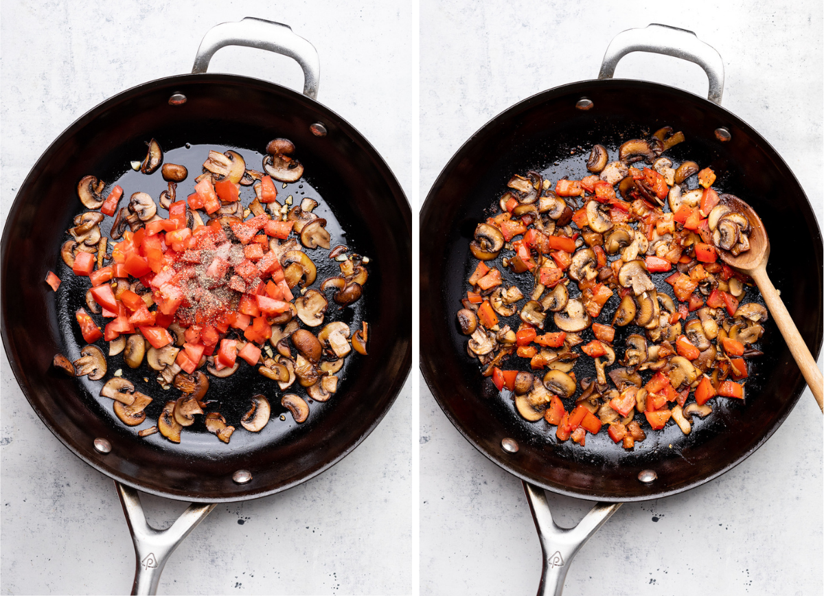 Wooden spoon stirring mushrooms and tomatoes together in a black skillet.