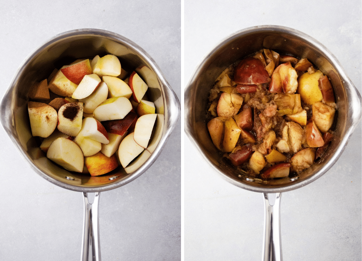 Apples and spices in a small silver saucepan.