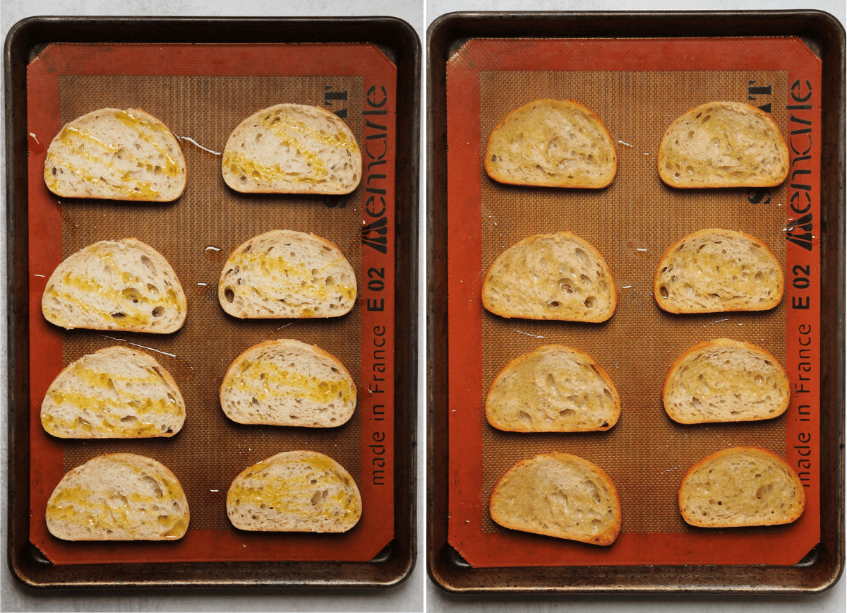 French bread slices on a large baking sheet, drizzled with olive oil.