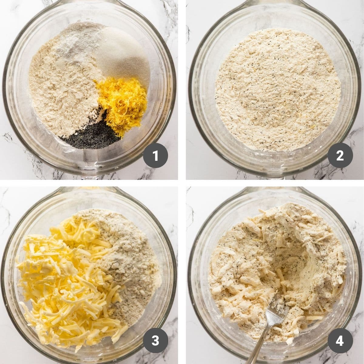 Mixing dry ingredients together in a large glass mixing bowl.